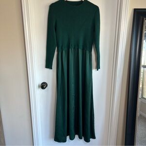 Hunter Green Sweater Satin Crew Neck Long Sleeve Twofer Maxi Dress, Size Large
